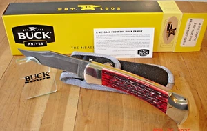 @@ SUPERB 2002 BUCK KNIFE 110 HUNTER RED JIGGED HANDLE CARBON DAMASCUS BLADE USA - Picture 1 of 22