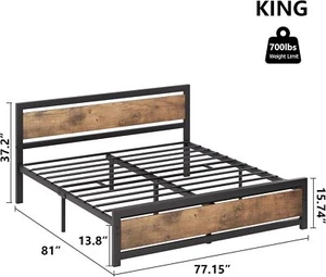 King Size Bed Frame Industrial Bed Platform with Headboard No Box Spring Needed - Picture 1 of 7