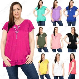 NEU DAMEN ÜBERGRÖSSE V-AUSSCHNITT RÜSCHENSAUM HALSKETTE T-SHIRT DAMEN JERSEY SOMMER TOPS - Bild 1 von 31