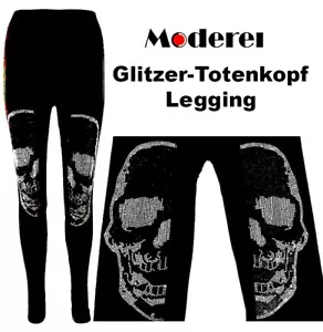 Damen Leggins mit Skull, hosen Schwarz mit Totenkopf Glitzer Strass Gr. 36-42 - Bild 1 von 7