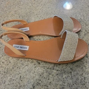 Steve Madden Womens Flats Sandals 9.5 Rock Rhinestone Front Elastic Strap NIB - Picture 1 of 7