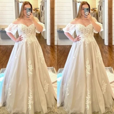 Свадебные платья большого размера шампанское элегантное свадебное платье с открытыми плечами - Изображение 1 из 4