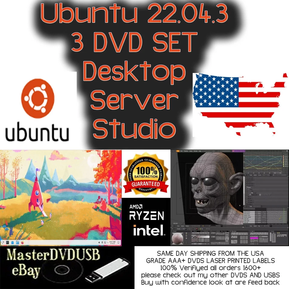 Ubuntu 22.04.3 Desktop, Server, and Studio DVD Set SAME DAY SHIPPING - Image 1 of 4