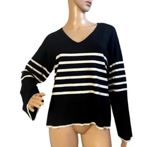 VERO MODA HAPPINESS STRIPE V-NECK PULLOVER SWEATER MEDIUM BLACK WITH BIRCH NWT - Picture 1 of 12