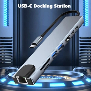 8 in 1 USB C Hub to RJ45 Ethernet Type C Hub Adapter Charger for Macbook 4K HDMI - Picture 1 of 33