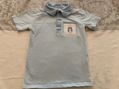 Busy Bees Smocks Boutique Kid Boys Size 7 Striped Blue Smocked Bunny Polo Shirt - Image 1 of 4