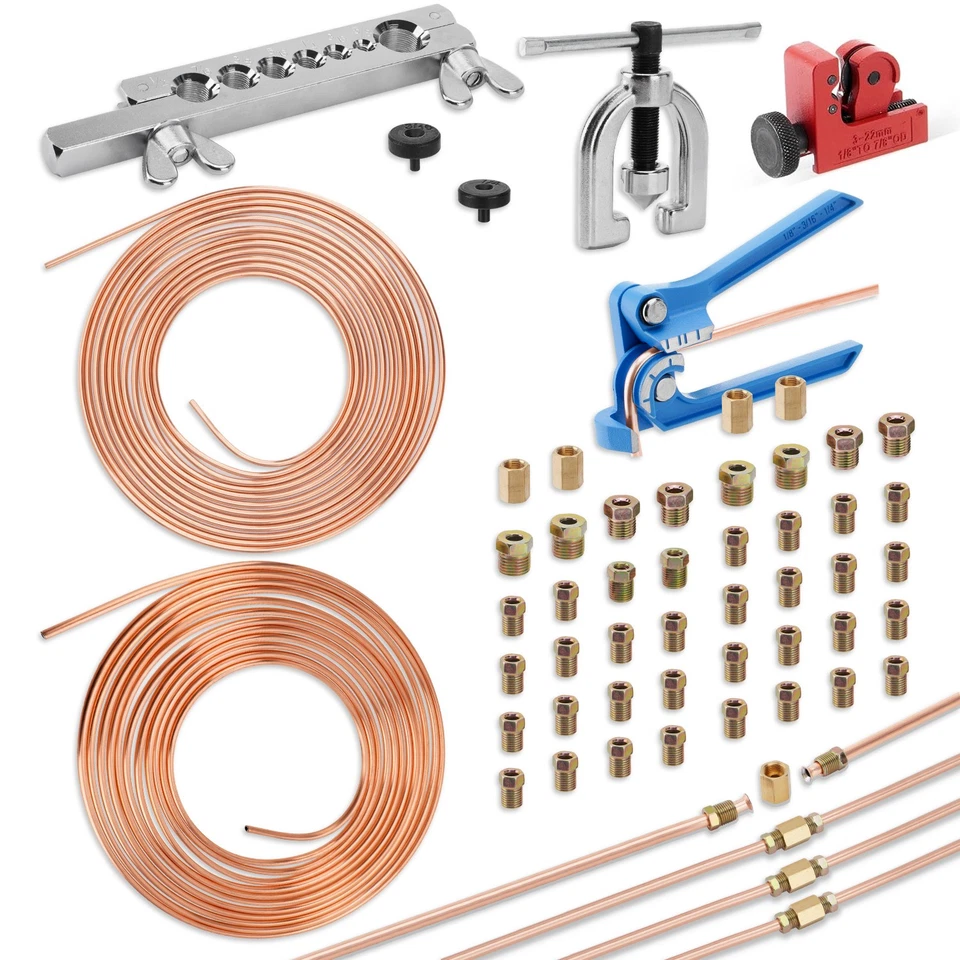 Car Brake Line Repair Kit 3/16 + 1/4 25 FT Pipe Double Flaring Tool Nuts Fitting Foto 1 de 4