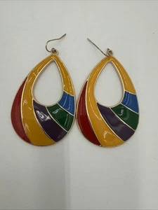 Vintage Funky Rainbow Striped Enamel Tear Drop Earrings Retro 80s - Picture 1 of 2