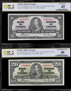 Canada 1937 $20 BC-25c PCGS 40  J/E9164695 CBNC and $10 BC-24c A/T3360803 PCGS45 - Picture 1 of 5