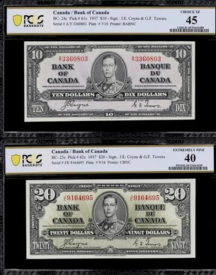 Canada 1937 $20 BC-25c PCGS 40  J/E9164695 CBNC and $10 BC-24c A/T3360803 PCGS45 - Image 1 of 4