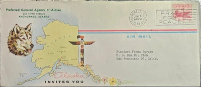 Alaska Tourism Map All Over Back Illustrated Advertising Anchorage Airmail 1958 - Image 1 of 2