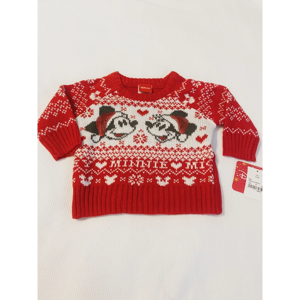 Size 3 - 6 M Disney Mickey Mouse Minnie Christmas Sweater Red White Sequins