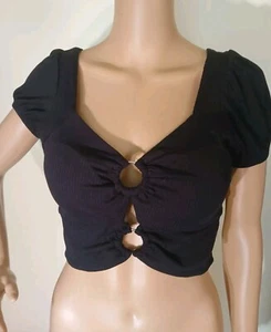 NWT MADDEN NYC SHIRT TOP SIZE L 11-13 BLACK BEAUTY CROPPED BELLY O-RING STRETCH - Picture 1 of 6