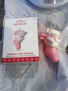 HALLMARK KEEPSAKE ORNAMENT BABY GIRL'S FIRST CHRISTMAS BEAR PINK STOCKING Cute! - Picture 1 of 9