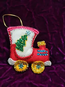 VINTAGE FELT SEQUIN RED TRAIN HANDMADE CHRISTMAS ORNAMENT FREE SHIPPING - Picture 1 of 2