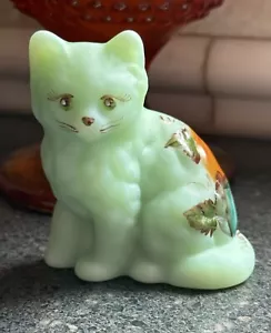 Mosser Glass USA Fluffy Kitty Cat Jadeite Green Satin Hand-Painted Pumpkins FALL - Picture 1 of 7