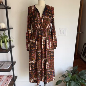 ZARA Trafaluc Boho Patchwork Midi Langarm Kleid - Samt Schleifenbesatz - Gr. XS - Neu ohne Etikett - Bild 1 von 21