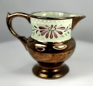 Vintage English Copper Luster Creamer Pitcher Pink Floral Band - Picture 1 of 7