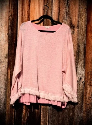 Women's Easel Bohemian Hippie Pink Knit lined Poncho Dolman Sleeves and fringe L - Image 1 of 4