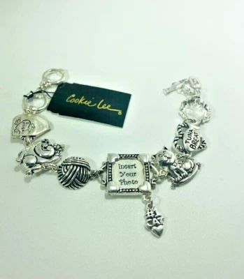 Pulsera fotográfica gato Cookie Lee nueva con etiquetas $18 dije cierre de palanca ajustable placa plateada Foto 1 de 4