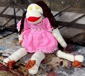 Vintage 1960s  Sock Monkey Doll, 20" Handmade with pink dress great condition  - Bild 1 von 6