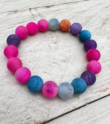 Damen Perlen Armband Perlenarmband elastisch Achat frosted matt mehrfarbig NEU - Bild 1 von 2