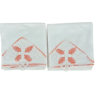 Vintage Crochet Pillowcases Pair White Peach Floral Bedding Handmade - Image 1 of 4