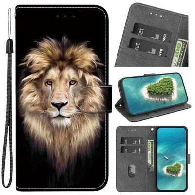 For Various Phone Cool Lion Card Wallet Case Bag Flip Stand Cover Magnetic Hot - Image 1 of 4