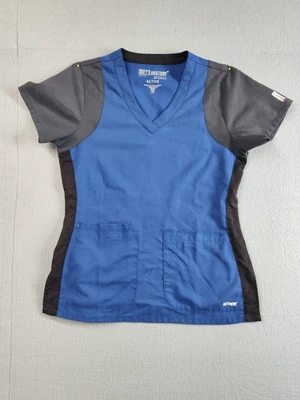 Greys Anatomy Women Active Scrub Top XS Blue Black Gray Pockets V Neck Casual - Image 1 of 4