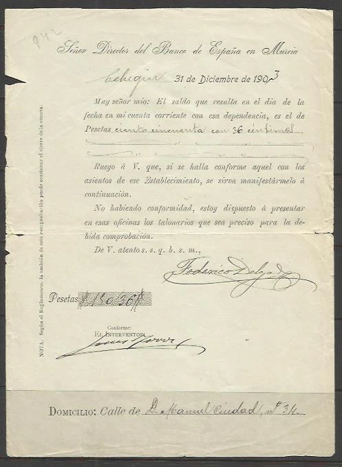 Q42-DOCUMENTO BANCO ESPAÑA 1903   EN MURCIA,FEDERICO DELGADO MORALES,CEHEGIN - Imagen 1 de 1