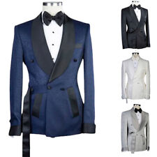 Men Suits Printed Tuxedo Shawl Lapel Belted Jacket Cotton Coat Formal Business