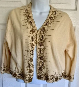 Vintage 50s Cyn Les Sweater Women's Cream Beaded Cardigan Lambs Wool Angora - Picture 1 of 13