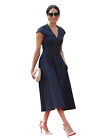 Women's Meghan Inspired Cap Sleeved Belted Fit-and-Flare Midi Dress in Navy AUS