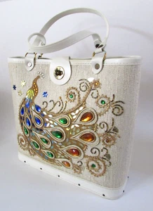 Vintage Enid Collins Style Winter White Jeweled Peacock Hand Bag - Picture 1 of 13