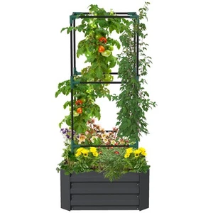 Galvanised Raised Garden Bed with Tomato Cage, Open Bottom, Dark Gray - Picture 1 of 11