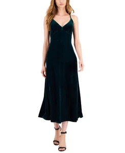 Taylor Petite Stretch Velvet Empire-Waist Midi Slip Dress Women's 10P Pea Green - Picture 1 of 14