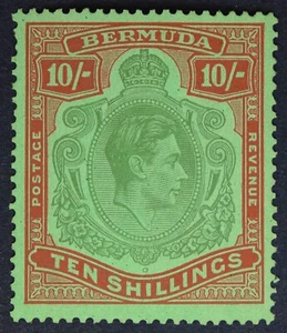 BERMUDA SG119a 1939 10/- Bluish Green & Deep Red /Green, P14, Unmounted Mint - Picture 1 of 2