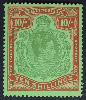 BERMUDA SG119a 1939 10/- Bluish Green & Deep Red /Green, P14,, Unmounted Mint - Image 1 of 2