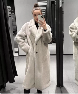 Zara Long Faux Fur Coat Cream Grey Off White Size S Small Ref:6318/255 New - Image 1 of 4