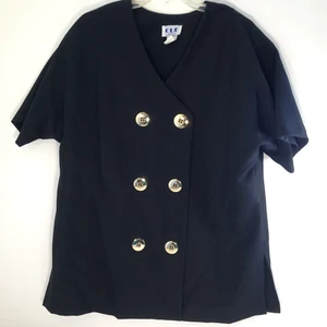 Vintage CUE Top Satin Poly Formal Black w/ Big Button Design Sz L Made in USA - Picture 1 of 9