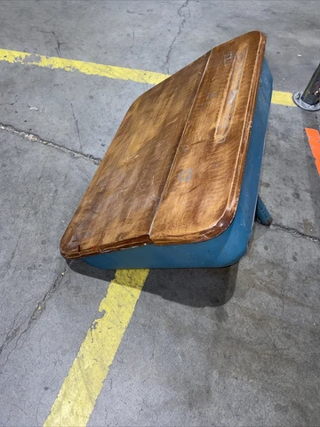 Vintage Child's School Desk BLU Cast Iron solid wood split top. Parts Cover
