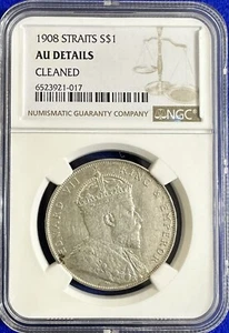 1908 Straits Settlements Dollar S$1 NGC AU Details Cleaned King Edward VII Silv - Picture 1 of 5