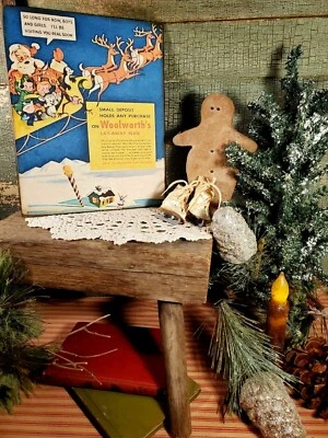 VINTAGE RETRO MODERN OLD STYLE WOOLWORTH STORE ADVERTISING CHRISTMAS SANTA SIGN  - Image 1 of 4