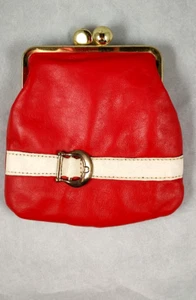 Vintage Vinyl Red with White Stripe Change Purse Brass Buckle Kiss Lock 5 inch - Picture 1 of 8