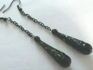 Vintage Dangly Long French Jet Glass All Black Earrings Goth + Free Secret Pair - Picture 1 of 8