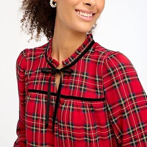 J Crew Velvet tie-neck top in Bright Red Holiday Christmas Plaid with Bow XS - Picture 1 of 7