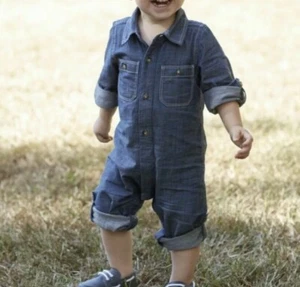 Mud Pie Multiple Sizes Boys Chambray Denim One Piece Long Sleeve Romper, - Picture 1 of 6