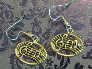 Music Staff Earrings 24 Kt Gold Plate Treble Clef Notes Orchestra Symphony Band - Picture 1 of 5