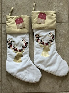 LOT 2! Allen + Roth 19-in White Gold Reindeer Embroidered Christmas Stocking NEW - Picture 1 of 7