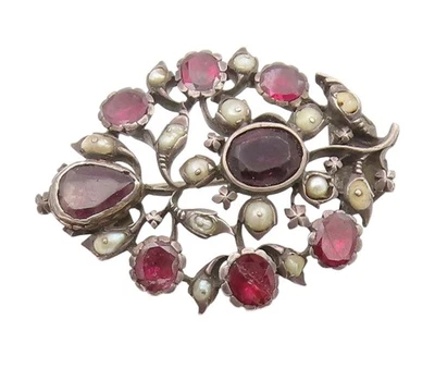 925 Sterling Silver Vintage Brooch Pearl & Gemstone Antique Floral Pin  BP12140 - Image 1 of 4